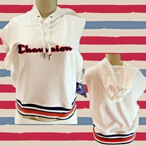 Champion XL Logo White Striped Accent Raw Edge Sleeveless Crop Drawstring Hoodie
